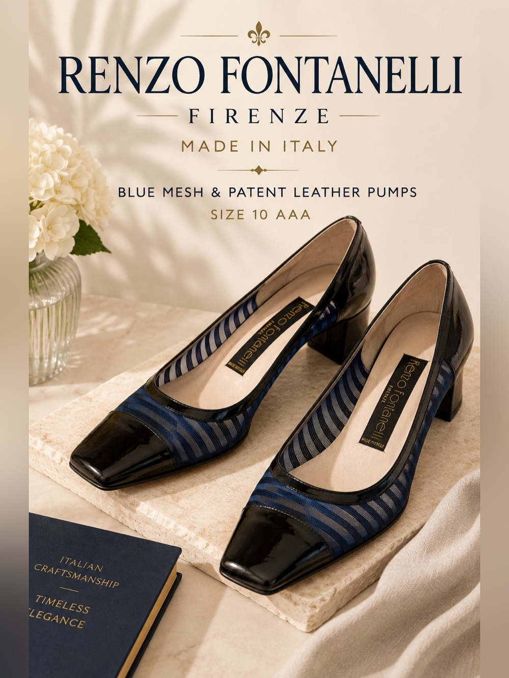 Renzo Fontanelli Firenze Blue Mesh & Patent Leather Pumps Size 10 AAA